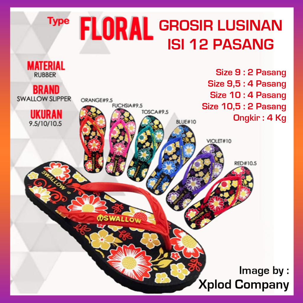 (12 Pasang) Grosir Lusinan Sandal Swallow Floral Wanita Ukuran Seri 9 – 10.5 Sendal Swallow Grosiran