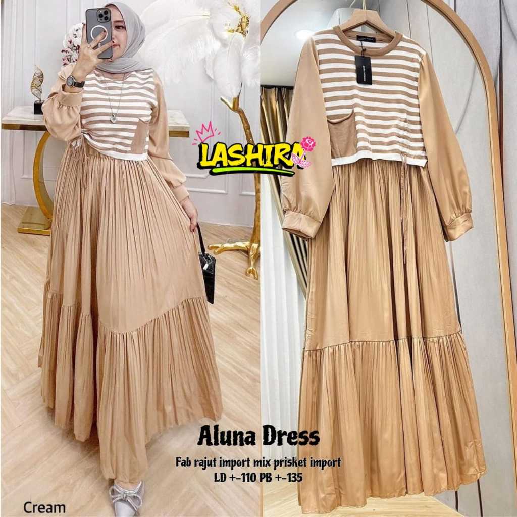 aluna dress dres maxy maxi pakaian baju gaun gamis pesta lebaran bahan rajut plisket import melar wa
