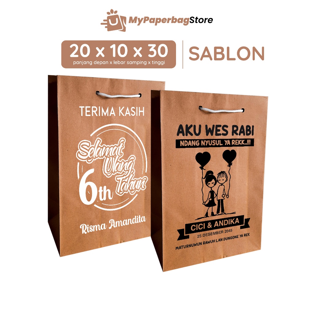 

Paperbag Sablon Tas Kertas Cokelat Ukuran 20x10x30 / Tas Souvenir Paper Bag Songgong Hajatan
