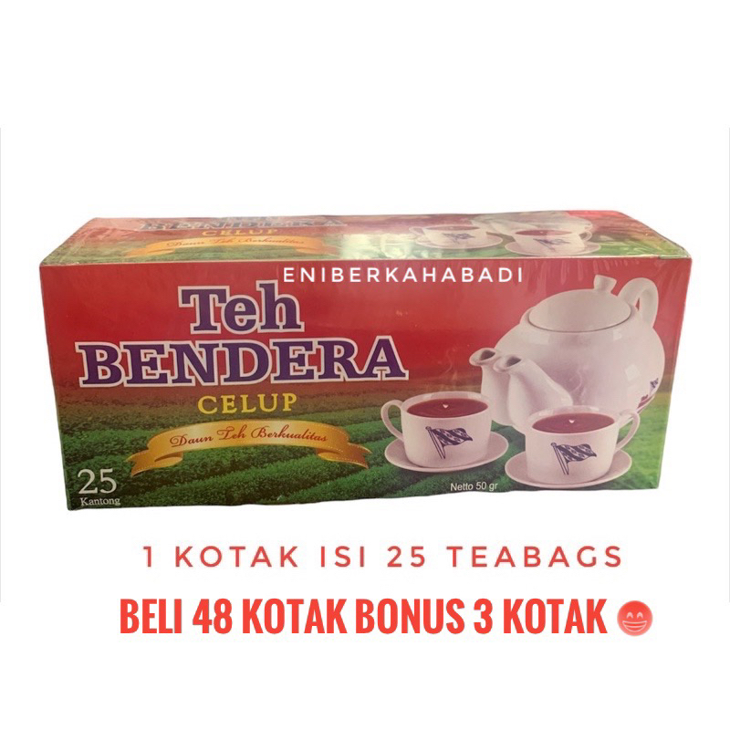 

Teh Celup Bendera 1 kotak isi 25 Teabags (Bonus 3 kotak setiap pembelian 48 pcs)