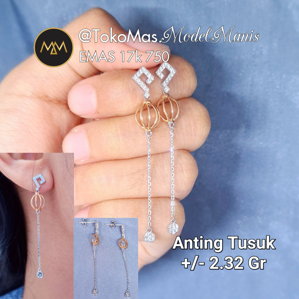 Anting Lampion Panjang Emas Putih Kombinasi Rosegold 750 kadar 17k