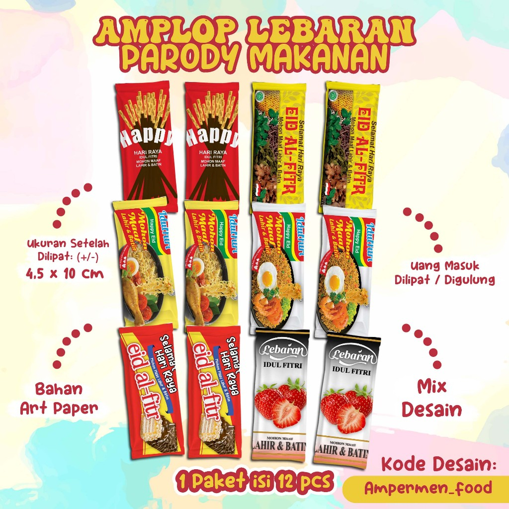 

1 Paket isi 12 pcs - AMPLOP UNIK - ANGPAO BENTUK UNIK - AMPLOP / ANGPAO BENTUK BUNGKUS PERMEN - Tema IDUL FITRI PARODY BUNGKUS MAKANAN