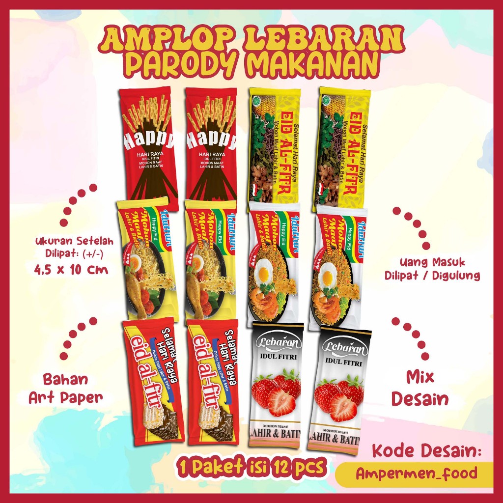 

1 paket isi 12 pcs - AMPLOP THR / Amplop Uang / Angpao Lucu - BENTUK UNIK Bentuk Permen Lucu - Tema IDUL FITRI PARODY KEMASAN MAKANAN