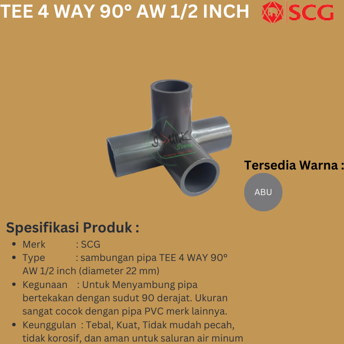Fitting Pipa PVC Tee 4 Way 90° AW 1/2 Inch- SCG