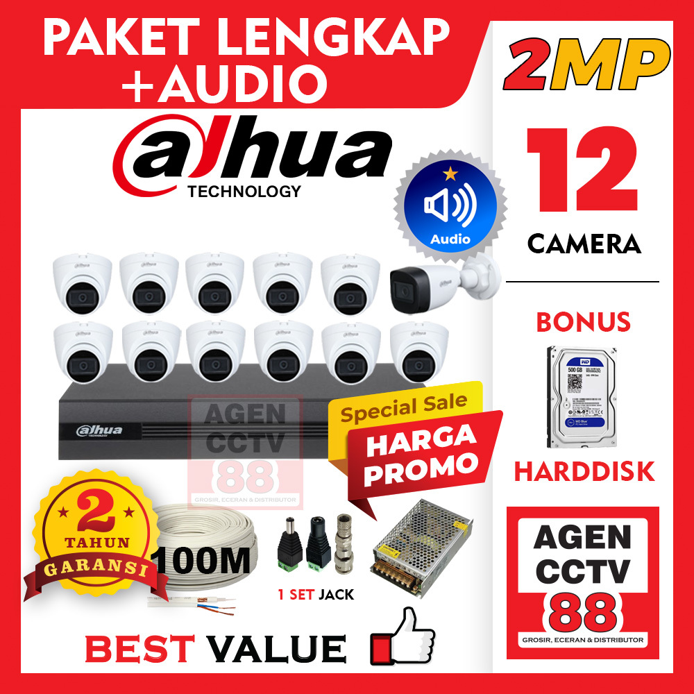 Paket cctv DAHUA Audio Mic Suara 12 Channel Kamera 2MP Lengkap Kabel 100M