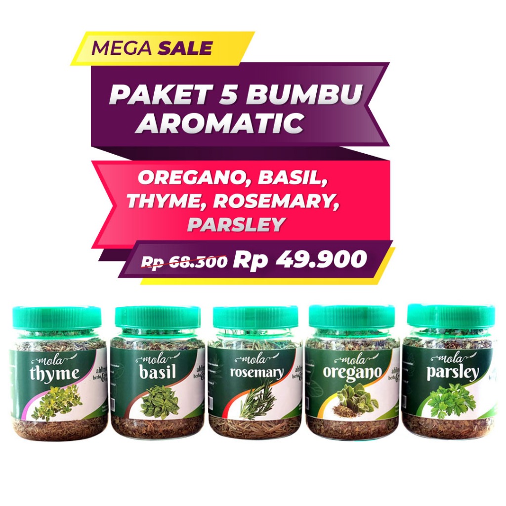 

Paket 5 Bumbu Aromatic Isi 1 Oregano, 1 Basil, 1 Parsley, 1 Thyme, 1 Rosemary kering
