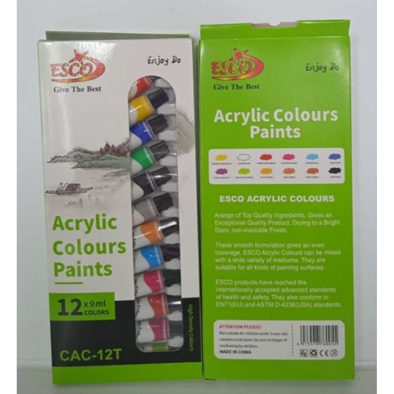 

GROSIR 1 LUSIN 12 BUAH CAT LUKIS AKRILIK ACRYLIC ESCO 9ML CAC12T KOTAK HIJAU PASTA ODOL /71