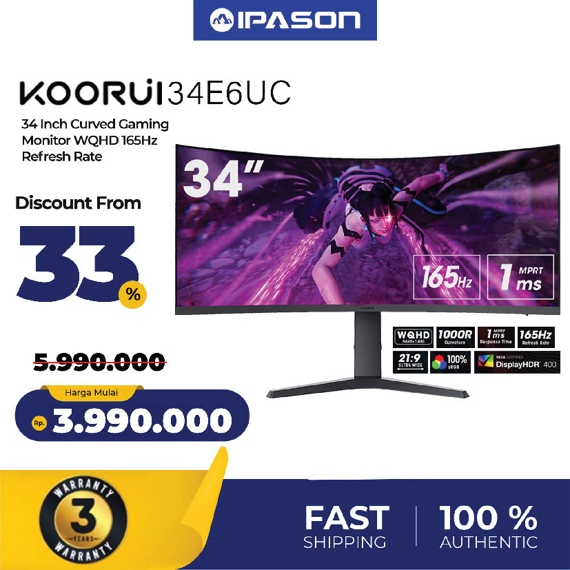 KOORUI 34 inch monior 34E6UC Curved Gaming Monitor 21:9 Ultra Wide 165Hz 1ms HDR 400 3440*1440 1000R