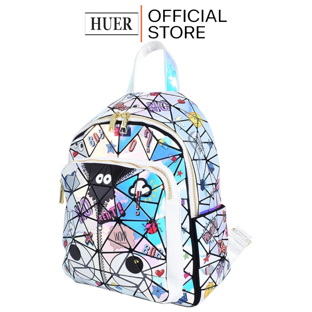 HUER ~ Tas Wanita Vuemy Geometric Panelled Eye Theme Printed Hologram Backpack 9454-329White