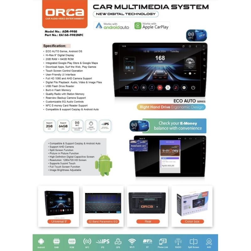 HU Android 9" Orca Eco New NFC 2/64GB