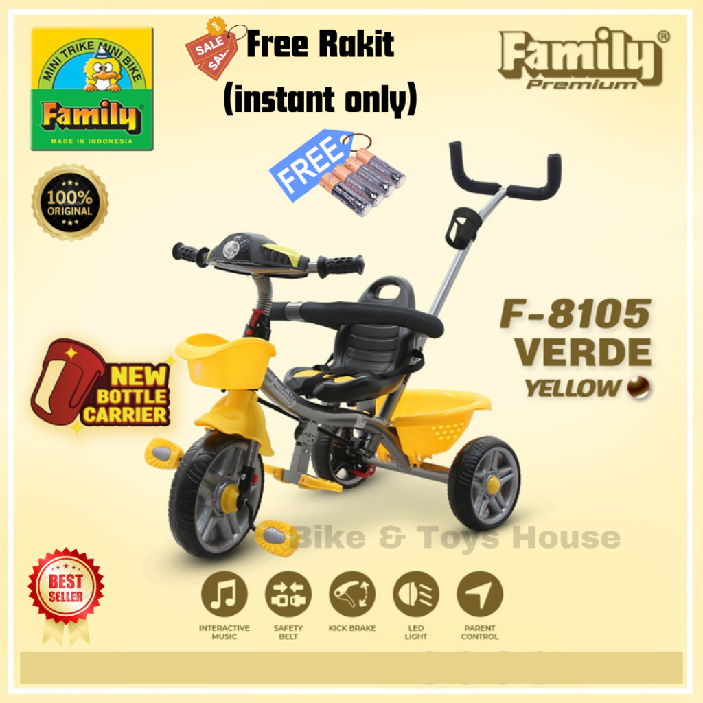 FREE BATTERY - Sepeda tricycle anak roda tiga FAMILY VERDE F-8105 / VAMOS F-8103 / VIGO F-8106 Origi