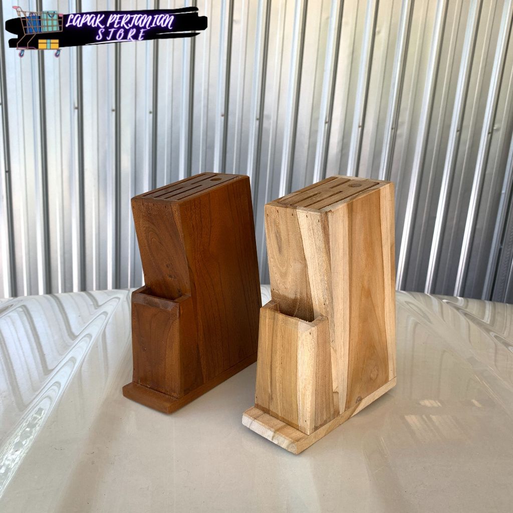 Tempat Pisau Bahan Asli Kayu Jati 4 Wadah Pisau Dan 1 Wadah Stik Asah Plitur - Rak Pisau 5 Set/Slot 