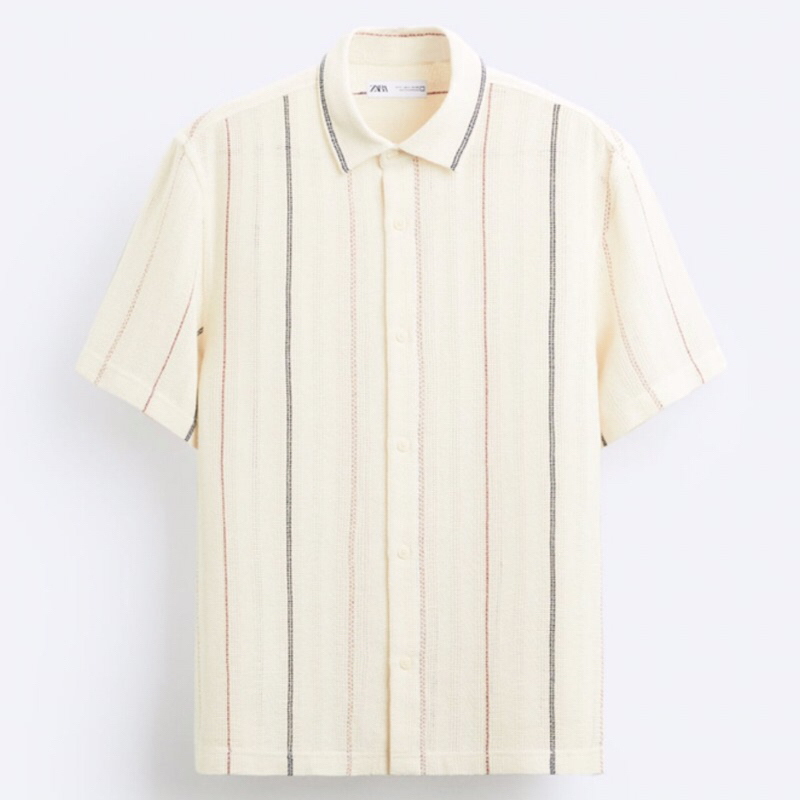 ZARA Men Striped Shirt Kemeja Pria Lengan Pendek Red