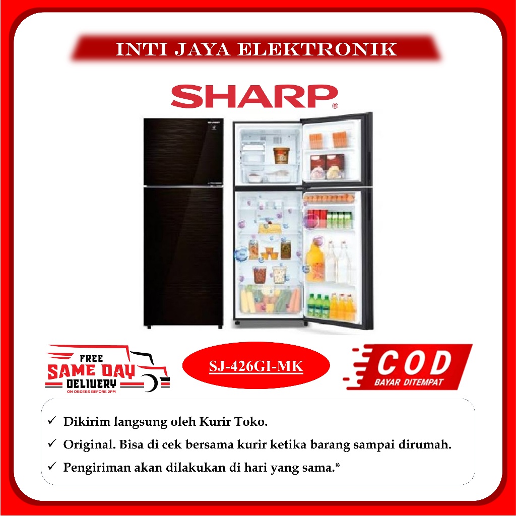 KULKAS SHARP INVERTER SJ-426GI-MK GLASS DOOR J-TECH 2 PINTU SJ426GIMK SJ426 GIMK SJ 426 GI MK 426GIM