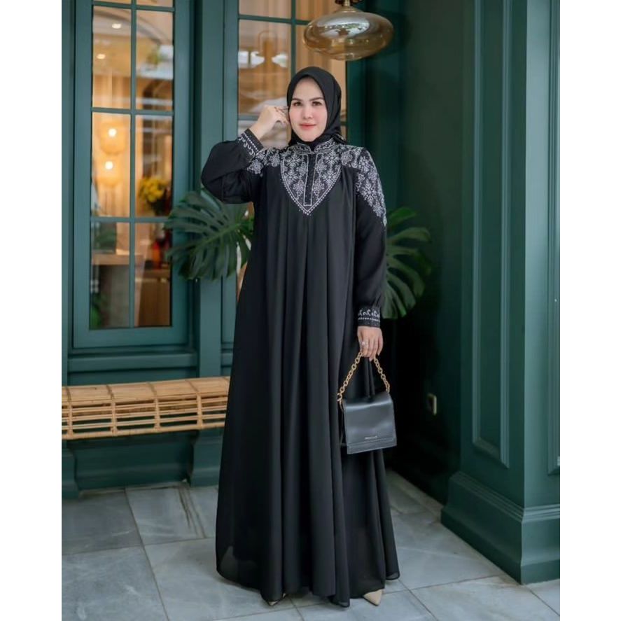 SHAZANA DRESS Baju Gamis Ceruty Premium Gamis Lebaran Bordir Busui Resleting Depan Gamis Hitam Ibu-Ibu Pengajian Simple Elegan Mewah Bisa COD