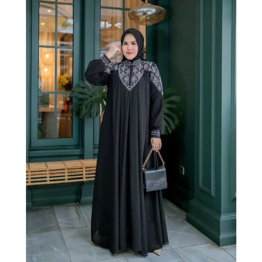 SHAZANA DRESS Baju Gamis Ceruty Premium Gamis Lebaran Bordir Busui Resleting Depan Gamis Hitam Ibu-I