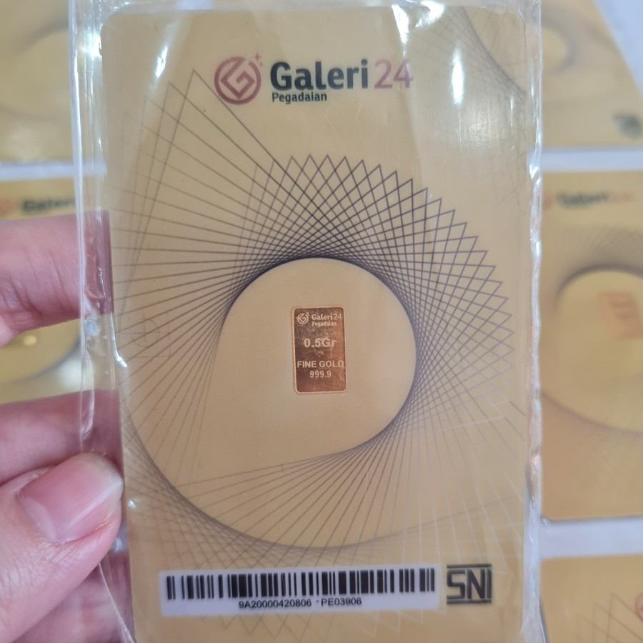 GALERI 24 PEGADAIAN 0.5 GRAM LM LOGAM MULIA EMAS SERTIFIKAT CERTIFICATE ASLI BARCODE LOGO SNI 24K 99