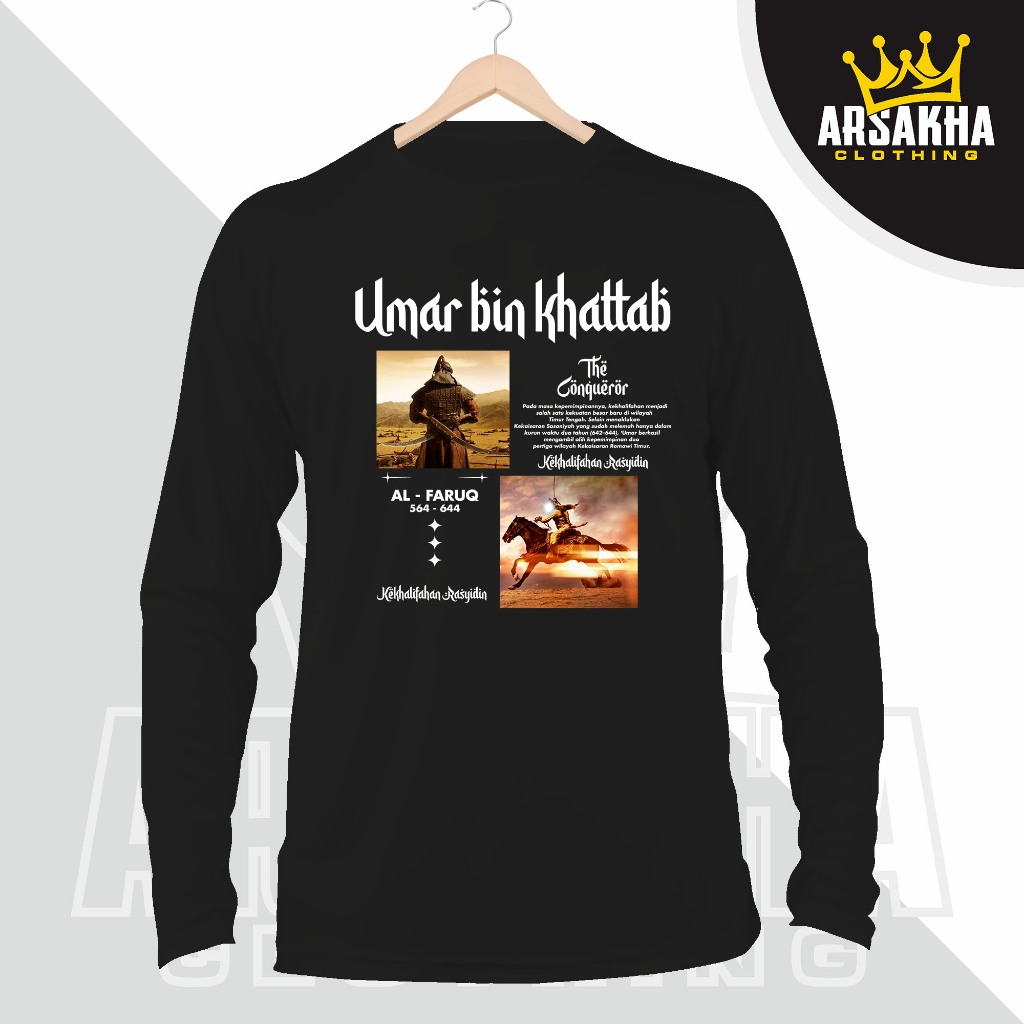 Kaos Lengan Panjang Dakwah Islami UMAR BIN KHATTAB THE CONQUEROR Distro Cotton Combed 30S - Arsakha 