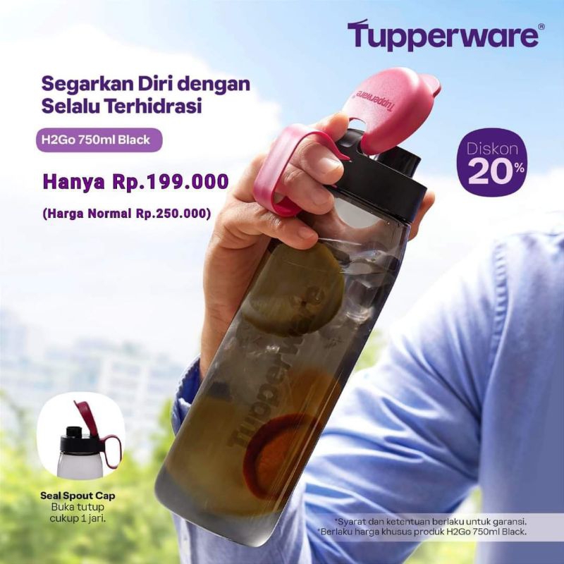 h2go 750ml hitam tupperware (packing dus + bubble)