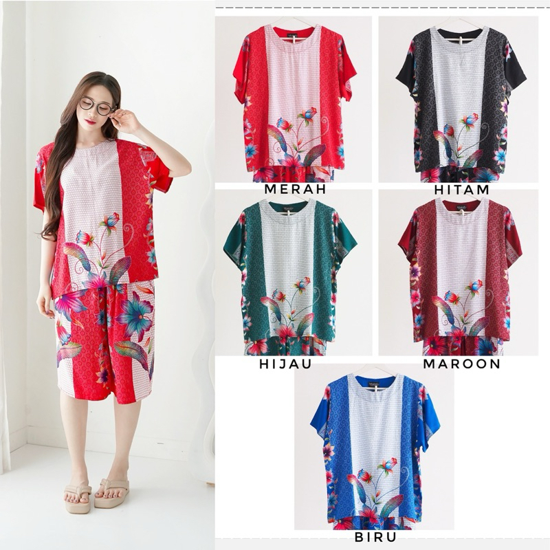 Set Piyama Baju Tidur Wanita Batik Stelan Lengan Pendek Kulot