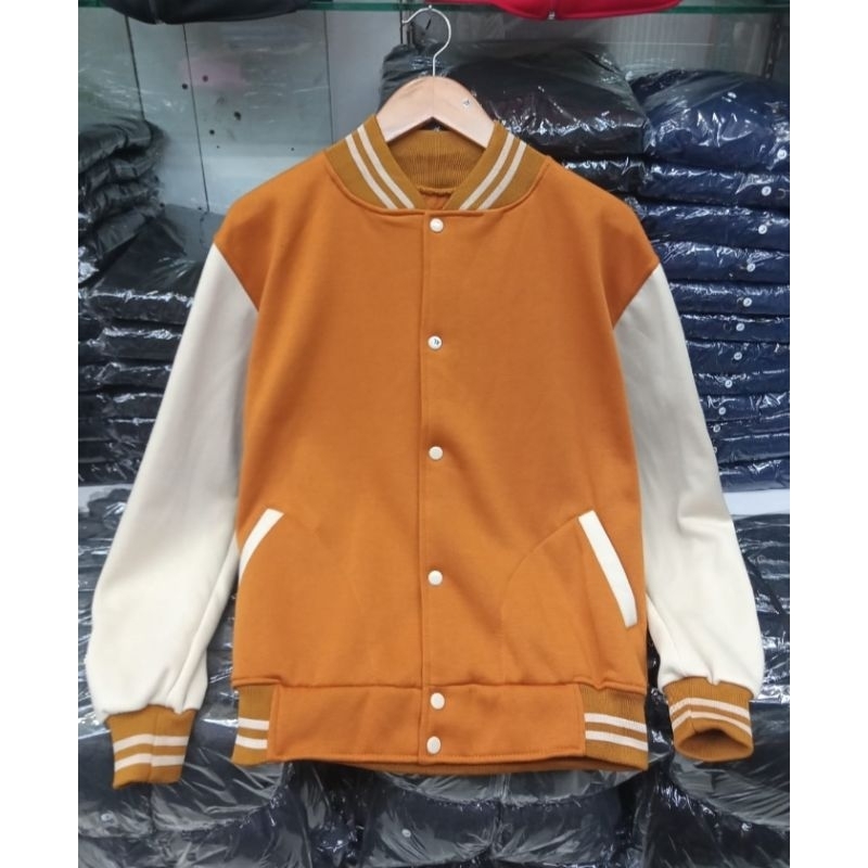 Jaket Varsity Basebal Kancing Kombinasi Orange Cream Fleece