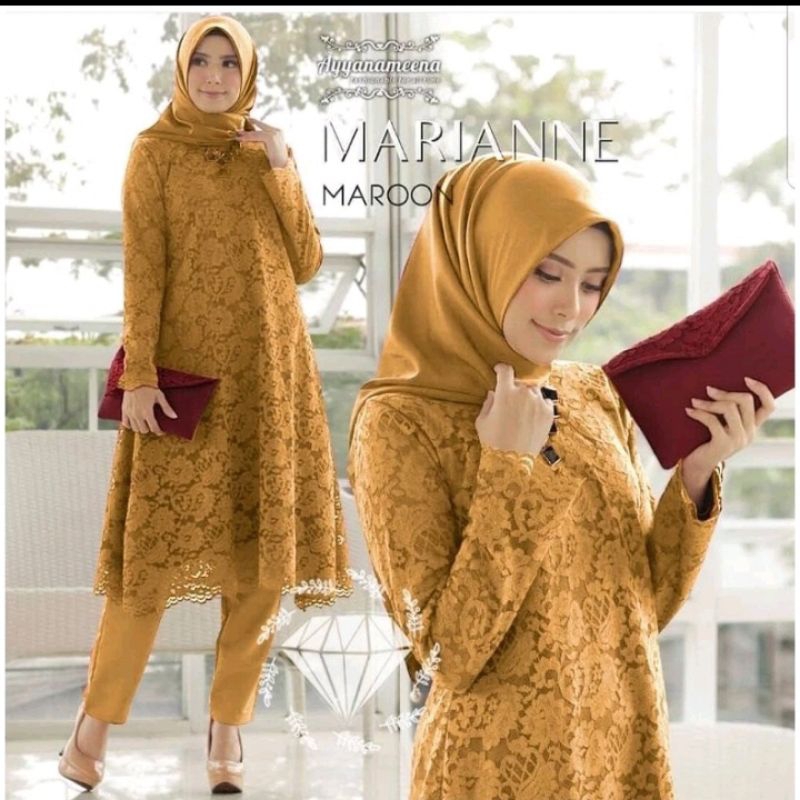 Set Tunik celana Marianne, brukat Furing Moscrepe/Baloteli, Gamis hijab