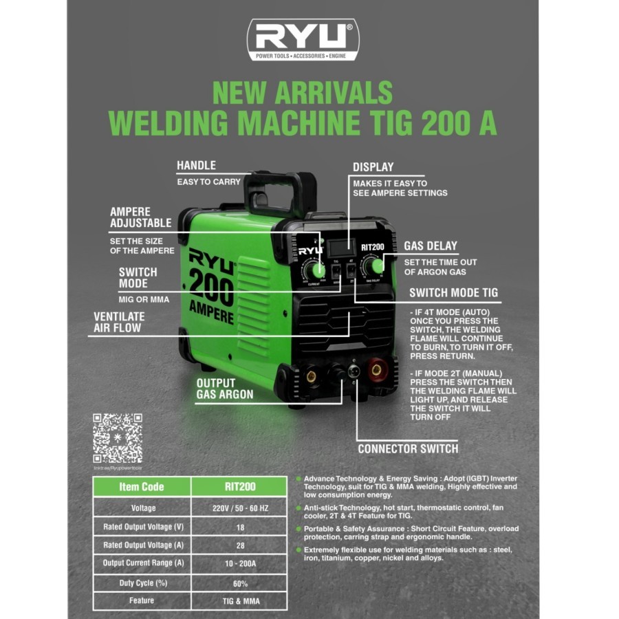 MESIN LAS ARGON TIG 200 A RYU RIT200 Las stainless steel