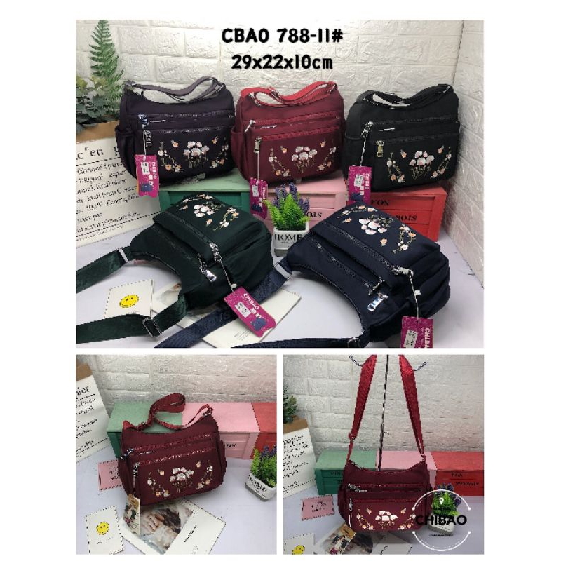 Chibao Tas Selempang Sandang Jumbo Besar Wanita Original Import Parasut Bordir Bunga 788 B