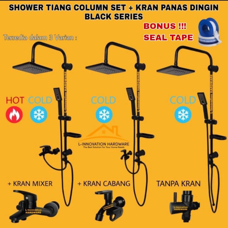 Shower Tiang Column Set Kran Air Panas Dingin Kuningan Black Keran Mixer Cabang Double Tembok Handsh