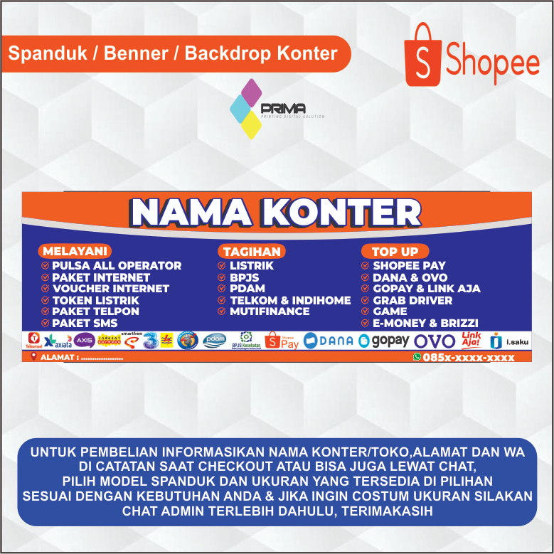 BANNER SPANDUK KONTER PULSA CUSTOM DESAIN & UKURAN/ KONTER PULSA/BIG SIZE