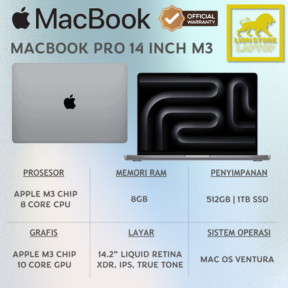 Laptop Mc-Book Pro 14 2023 Chip M3 8 Core RAM 8GB 1TB SSD Garansi 1 Tahun Space Grey
