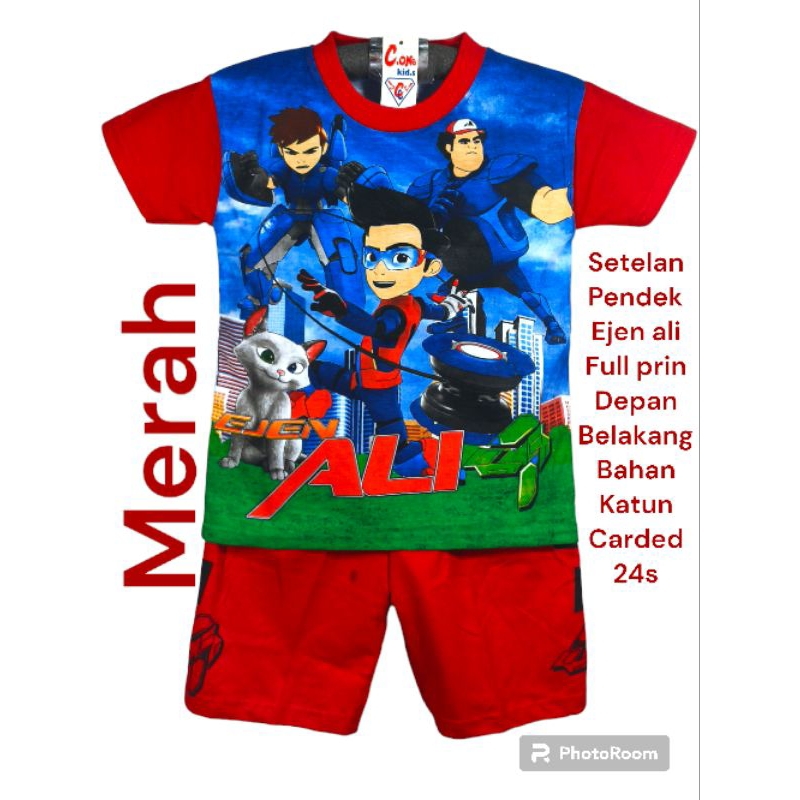 baju setelan pendek ejen ali anak laki-laki full prin depan belakang ukuran 2-9 tahun