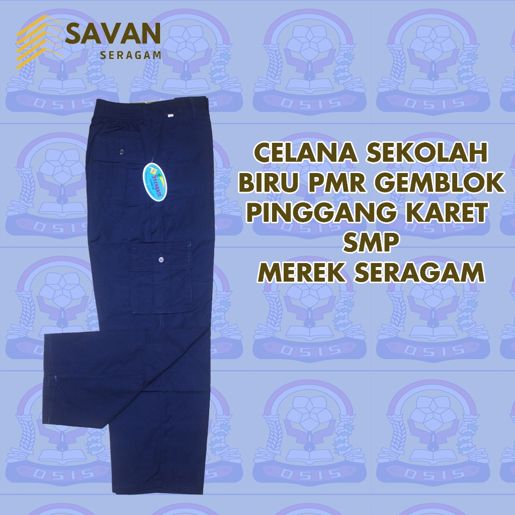 Celana Biru Gemblok Karet PMR PDL Panjang Merek Seragam SMP