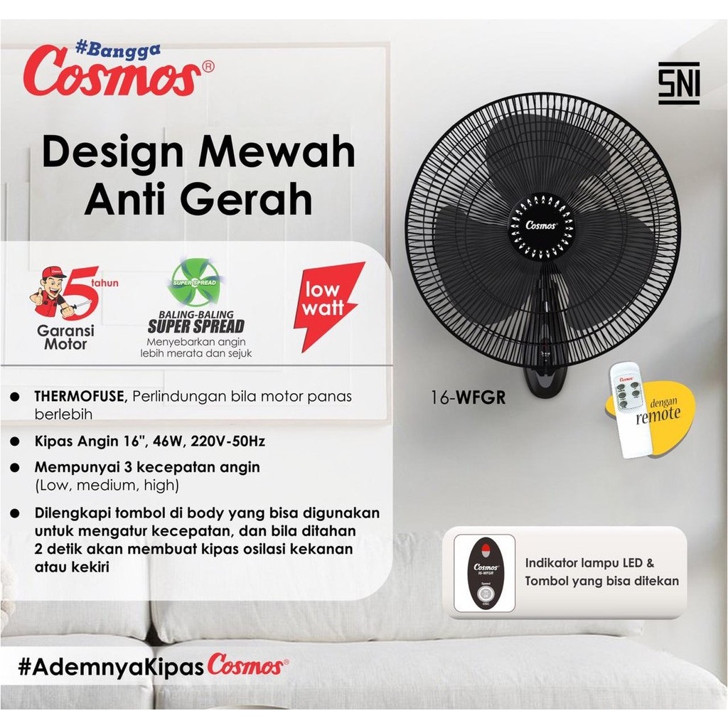 Kipas Angin Dinding COSMOS 16-WFGR / 16WFGR Wall Fan (16 Inch) + Remote [XP]