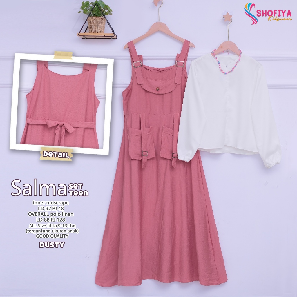 salma gamis dress dres baju pakaian busana overall linen motif polos setelan set 2in1 inner anak kid