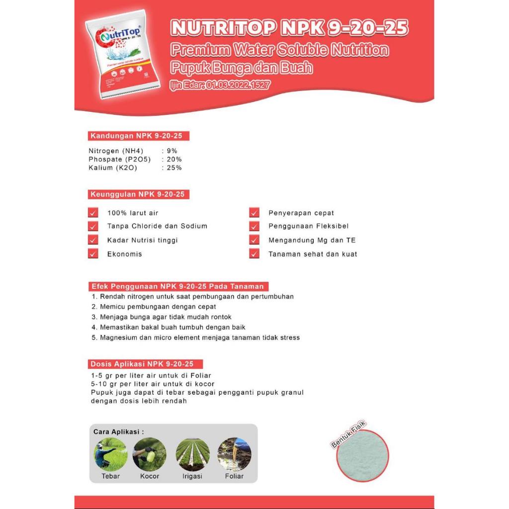 Pupuk Nutritop NPK profesional 9-20-25 kemasan 1kg