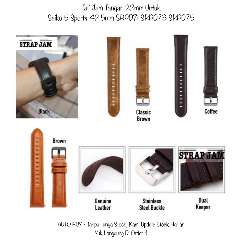 QRG 22mm Leather Strap Seiko 5 Sports 42.5mm SRPD71 SRPD73 SRPD75 - Tali Jam Tangan Kulit