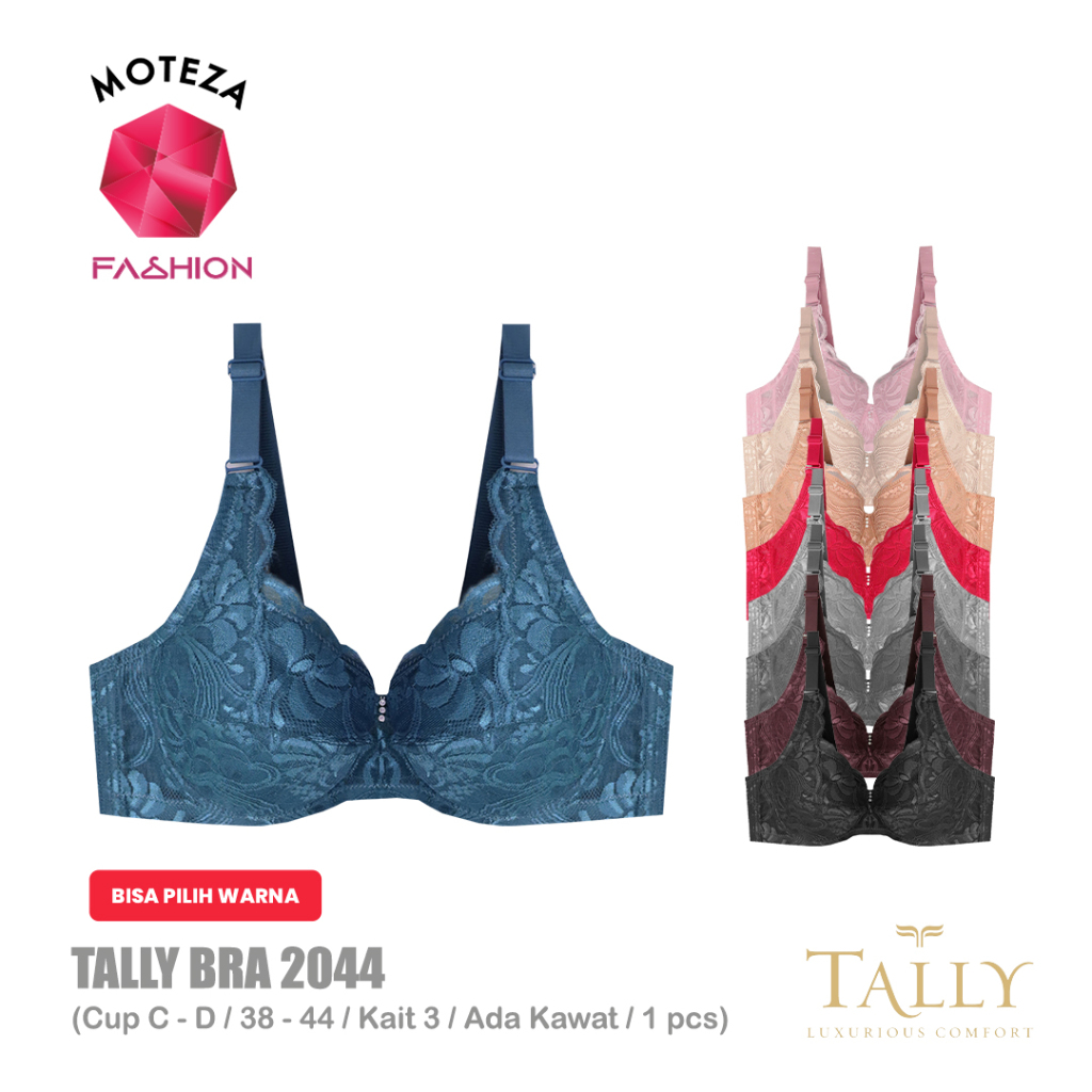 Tally 2044 Bra BH Wanita | Renda | Busa Tipis | Cup C - D | Kawat | Kait 3 | Size 38 - 44