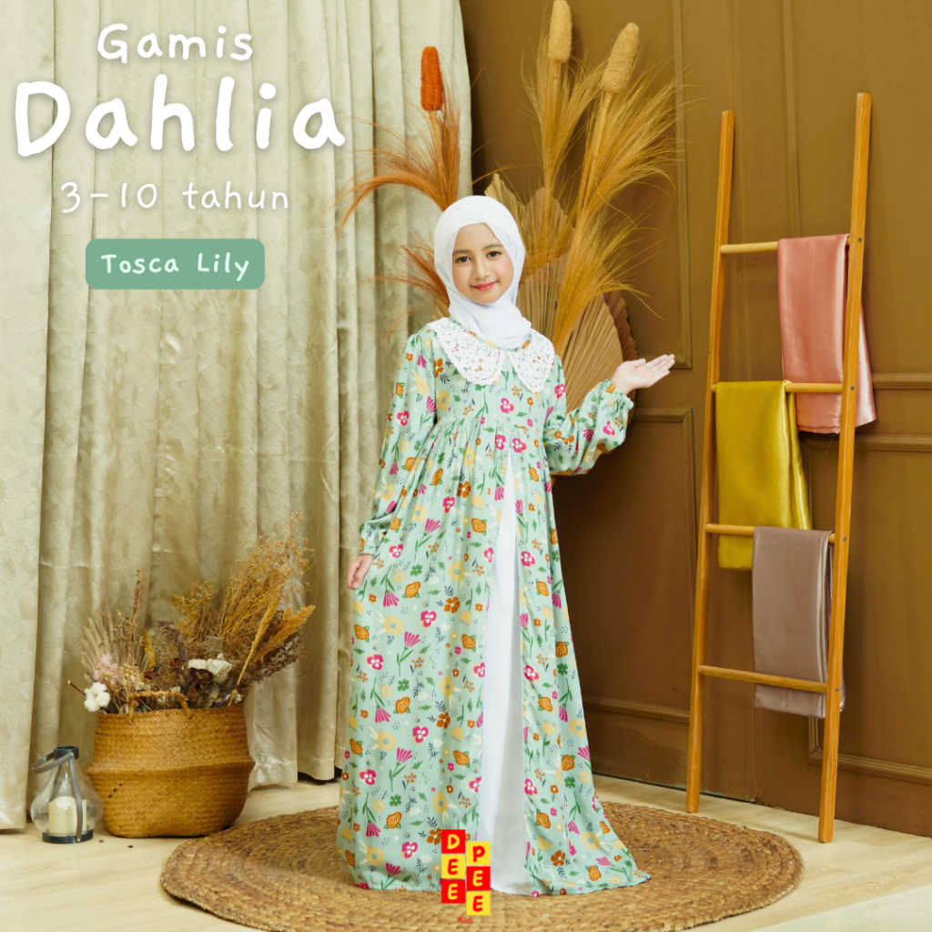 gamis Dahlia, long dress anak muslim perempuan 3 4 5 6 7 8 9 10 tahun warna pink biru hijau ungu bah