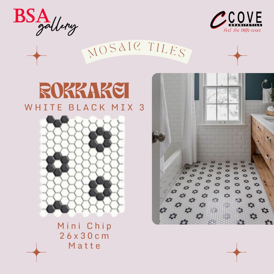 MOSAIC TILES HEXAGON HITAM PUTIH / KERAMIK MOZAIK BLACK WHITE BUNGA