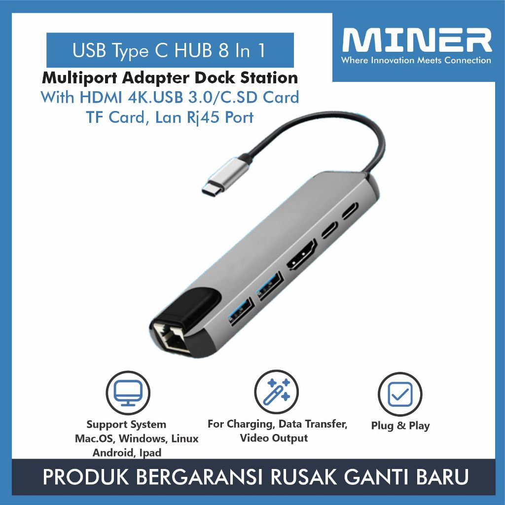 MINER USB Type C Hub Converter 8 In 1 Multiport Adapter Dock Station Kualitas Premium