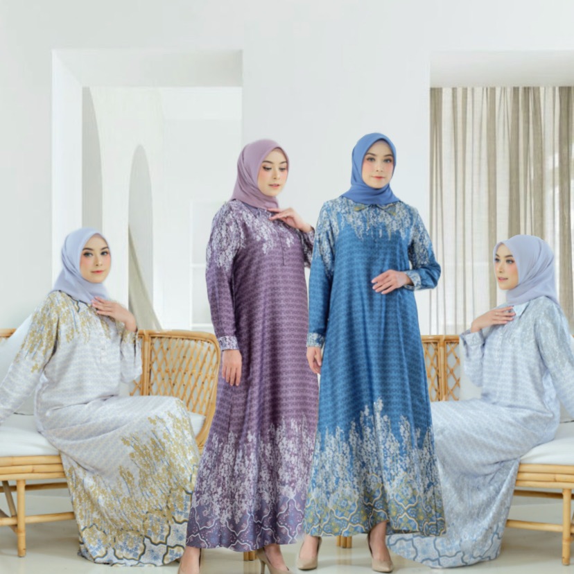 Gamis Long Dress Printing Armany Warna Ungu Cream Biru Grey Silk By Brilliant Girl