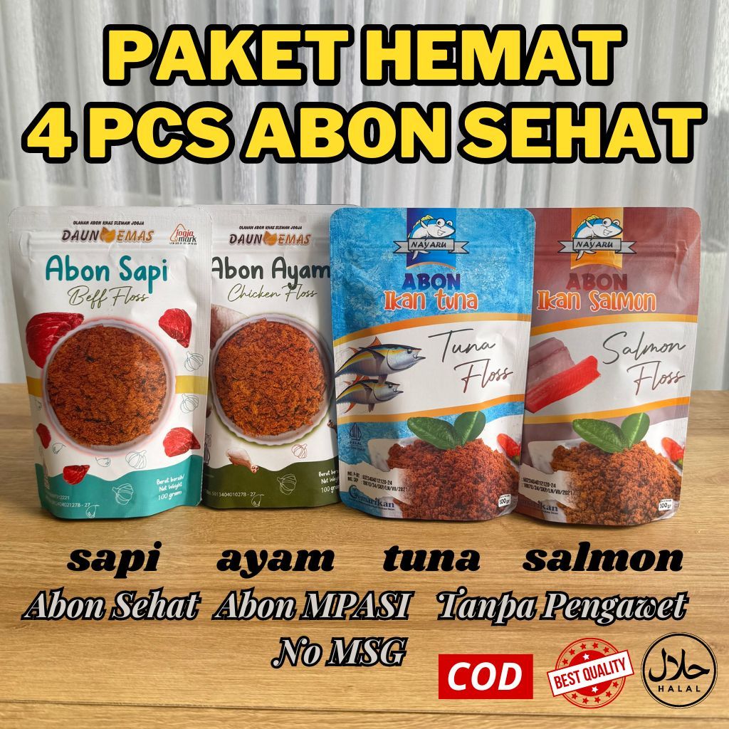 

PROMO RAMADHAN 4 PCS ABON SEHAT SALMON TUNA SAPI AYAM PREMIUM FLOSS HALAL TANPA PENGAWET NON MSG MPASI 400 GRAM ABON IKAN MANIS GURIH