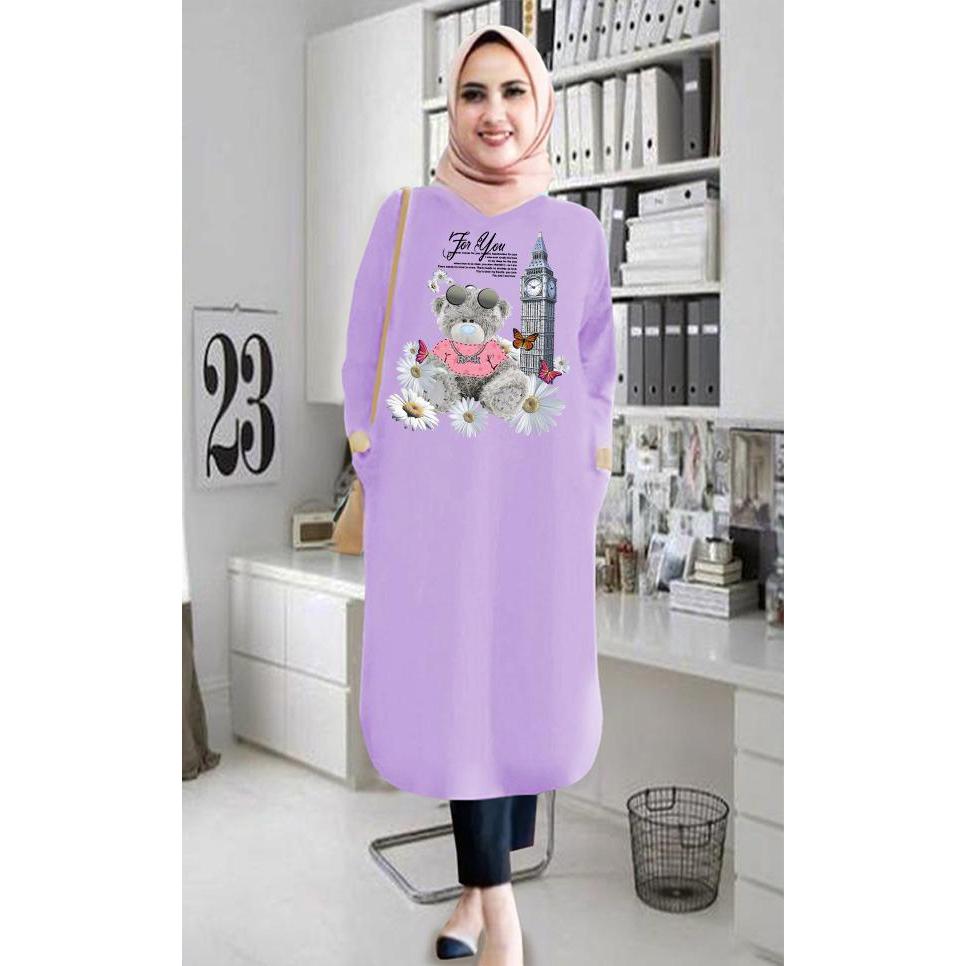 TUNIK WANITA DTF BUNGA BEAR / TUNIK KEKINIAN / TUNIK PANJANG / TUNIK MURAH / TUNIK IMPORT / TUNIK JU