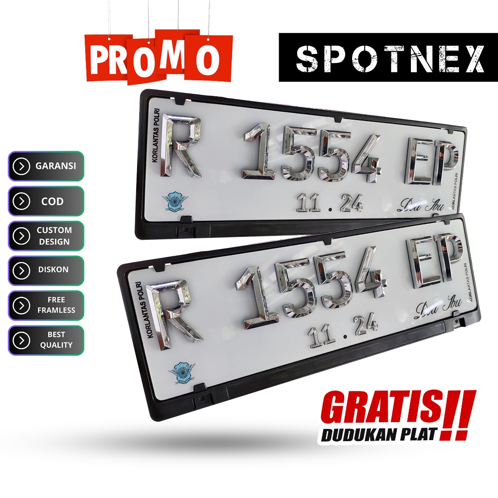 Spotnex Plat nomor Mobil Timbul Crome Segi Lima Free Dudukan Plat