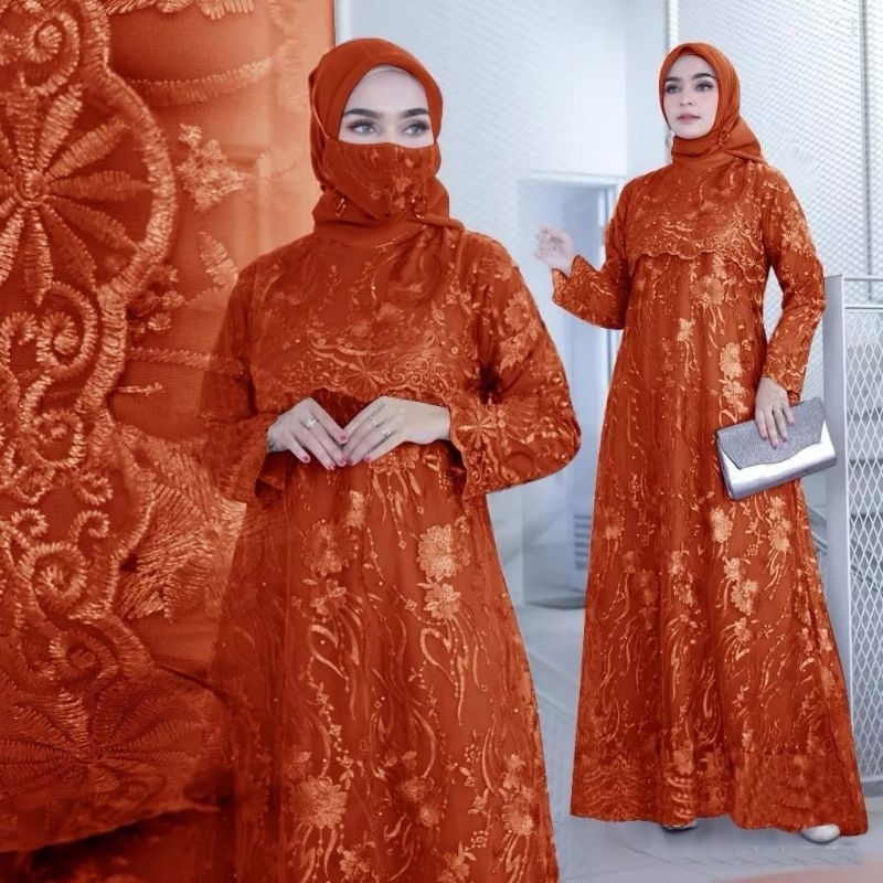 (NEW) SONATA - Baju Gamis Full Brukat Brokat Remaja Wanita Perempuan Ibu Muslim FREE PLUS Masker Uku