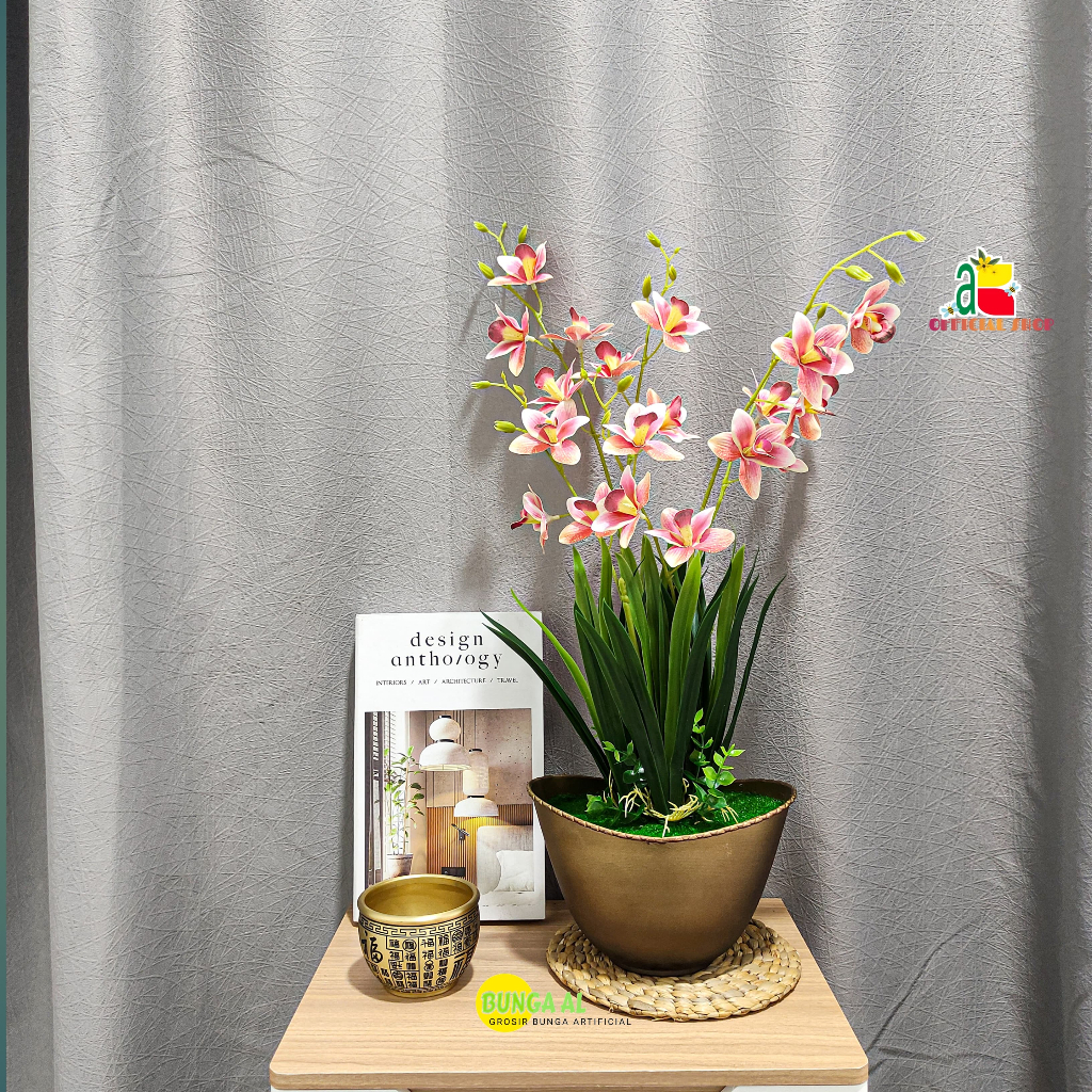 1 set rangkaian bunga anggrek vas gold kombinasi hitam cymbidium C3 panjang bunga artificial rb6113