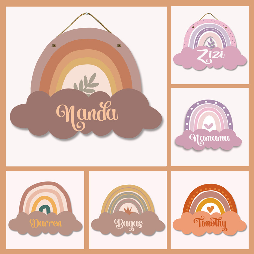 Hiasan Dinding Gantungan Nama Custom Aestetik Bohemian Skandinavian Rainbow Cloud pintu Dekorasi Kam