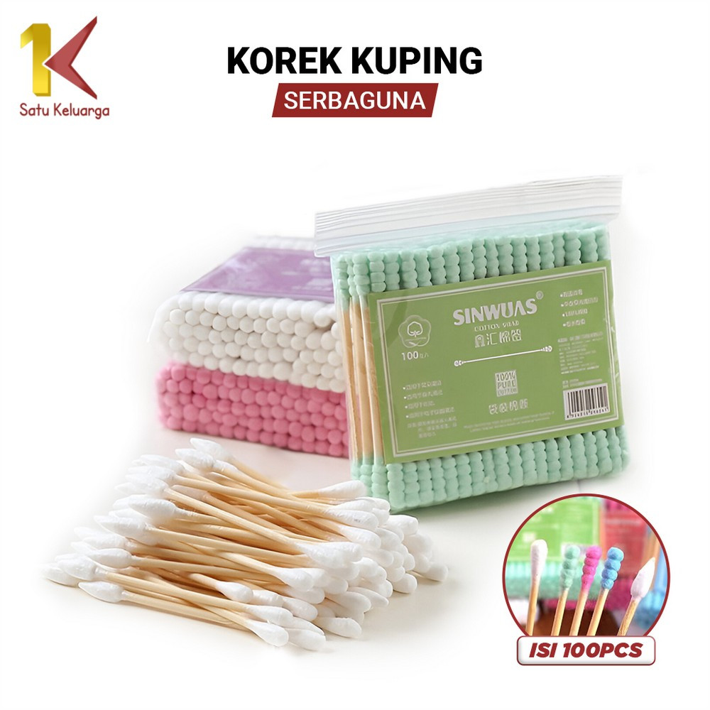 Satu Keluarga Cotton Bud Spiral Isi 100pcs C1038 Cotton Swab Pack Baby Thin Pembersih Telinga Serbag