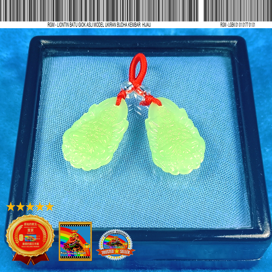 Liontin batu giok asli model Ukiran Budha kembar Hijau